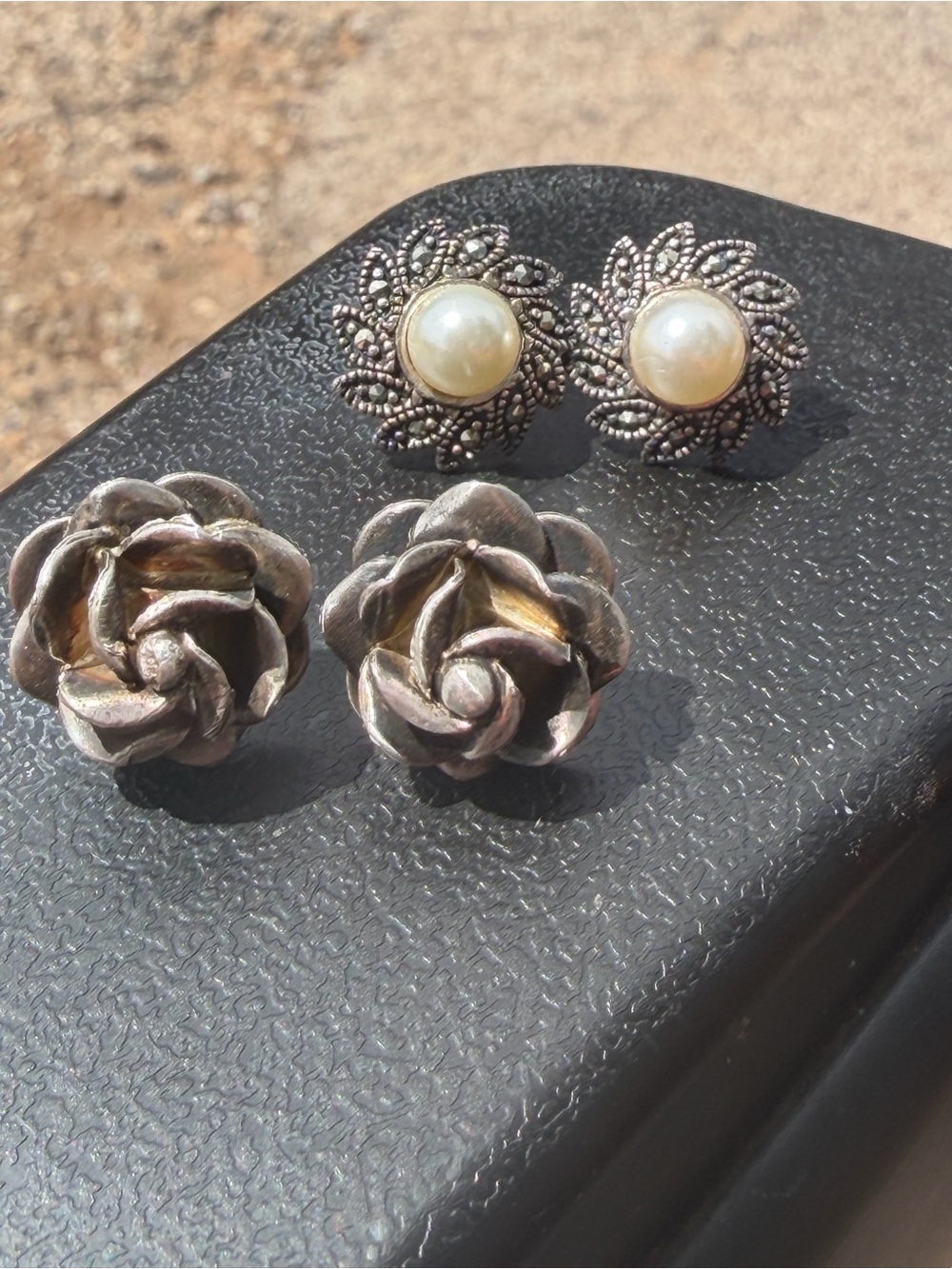Sterling Silver Pearl and Rose Stud Earring Set - White Pearls #433